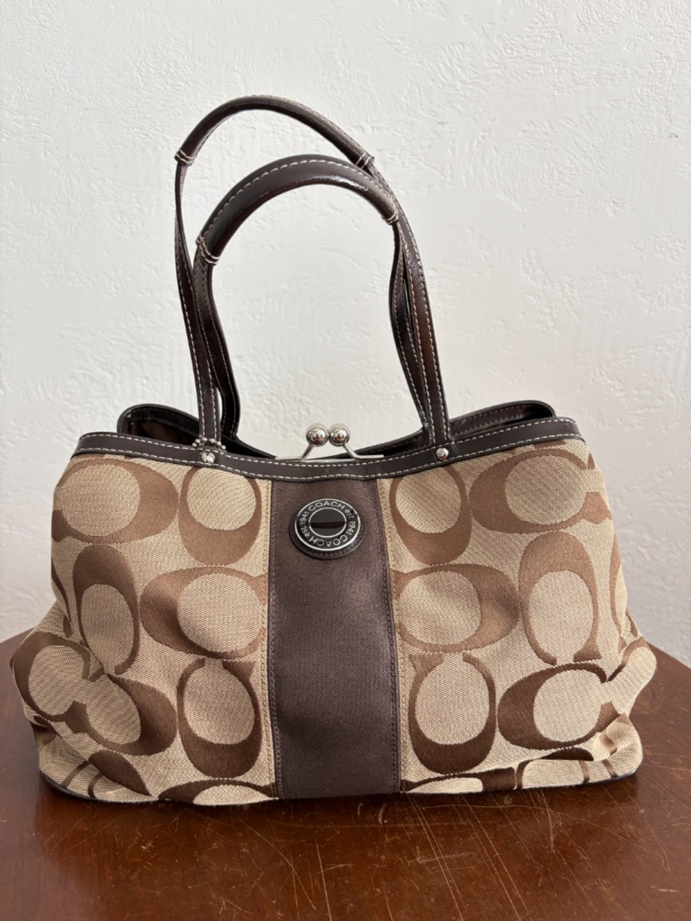 Coach Signature Stripe Brown Striped Framed Carryall/Satchel Kisslock  (F19190)